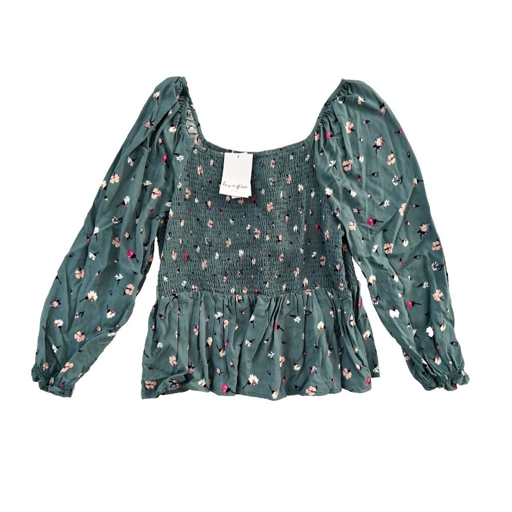 Love, Fire Los Angeles Smocked Floral Blouse Sagebrush ( XXL )